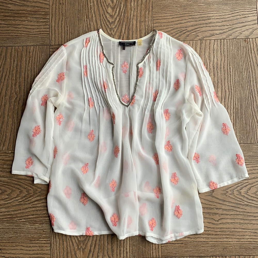 ANTHROPOLOGIE Sheer off white Embroidered Top